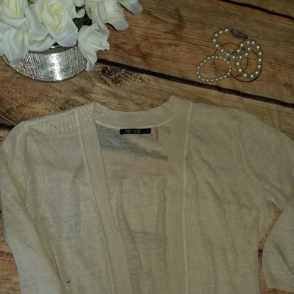 Nic + Zoe linen blend crochet cardigan in seashell